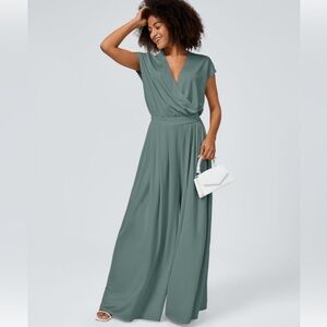V-Neck Short Sleeve Wide Leg Flowy Jumpsuit